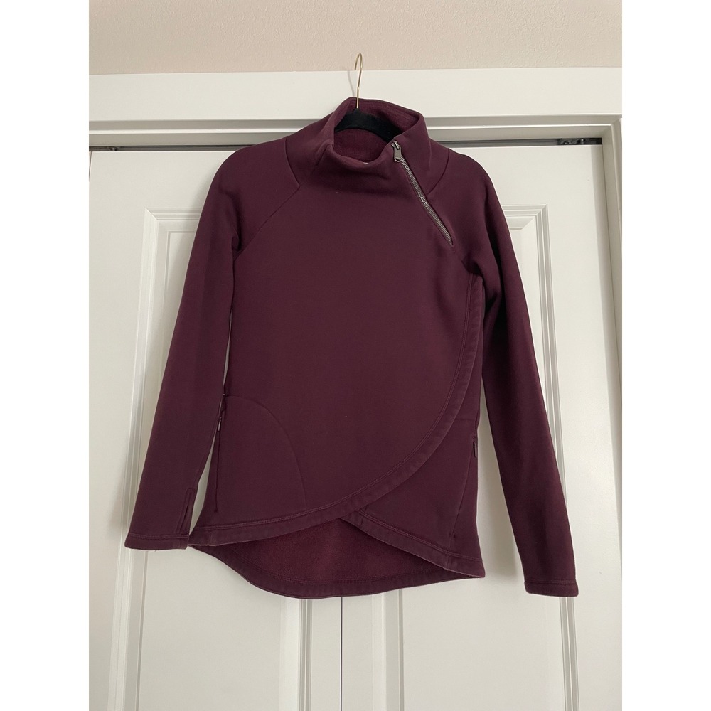 Athleta Pullover Cozy Karma Asym Fleece Mock Neck Side Zip Tulip Hem Plum-XS TP